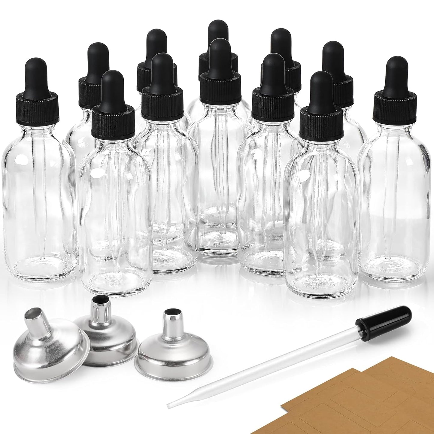 12-Pack 2oz Glass Dropper Bottles – Clear Tincture Bottles with Funnels, Pipette & Labels, Leakproof Design