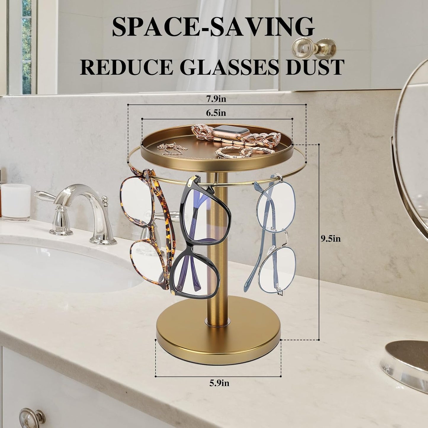 360° Rotating Sunglass Organizer - Stainless Steel Glasses Holder Stand with Tray for Desk, Dresser, Tabletop (Gold)
