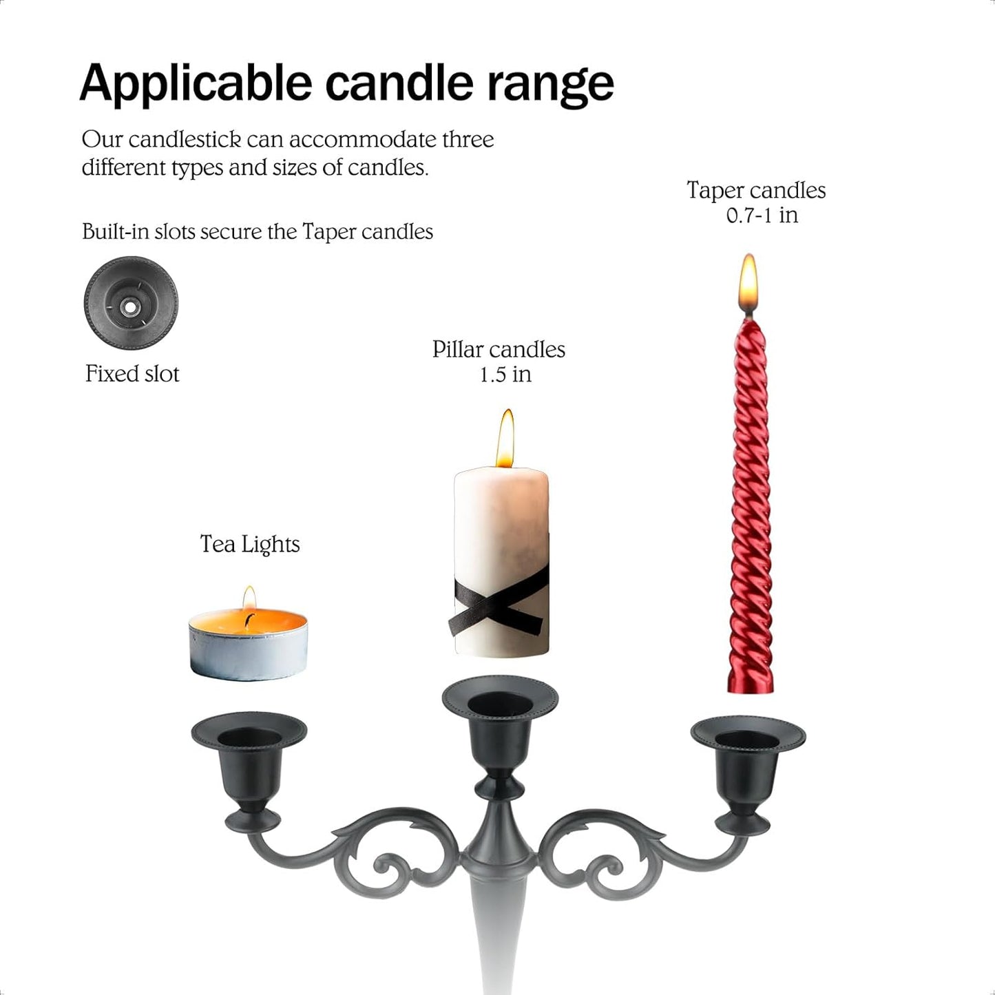 Set of 3 Black Metal Candelabra, Elegant Taper Candle Holders for Events & Decor