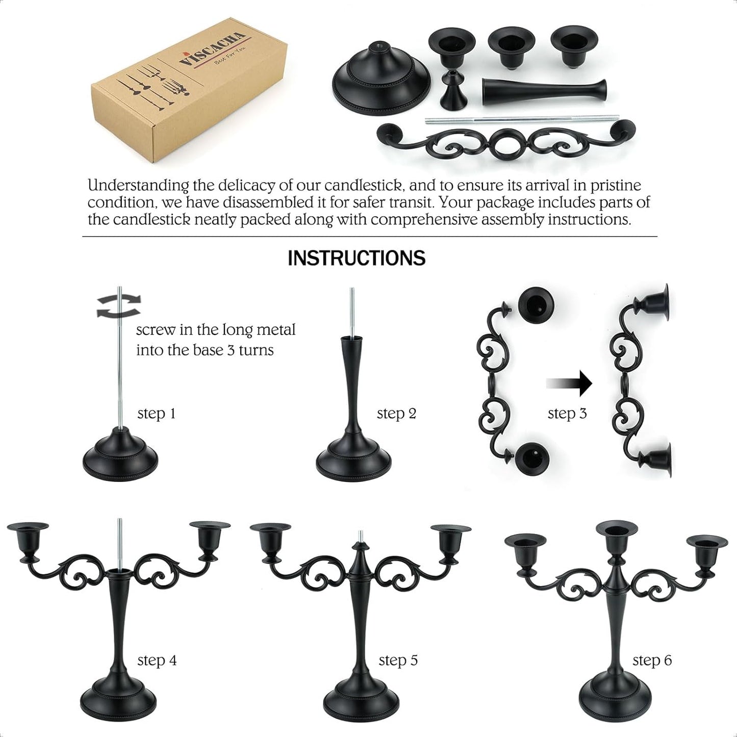 Set of 3 Black Metal Candelabra, Elegant Taper Candle Holders for Events & Decor