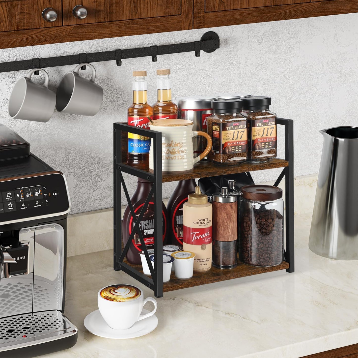 2-Tier Countertop Shelf Organizer – Rustic Brown Coffee Bar & Spice Rack for Mugs, Cups