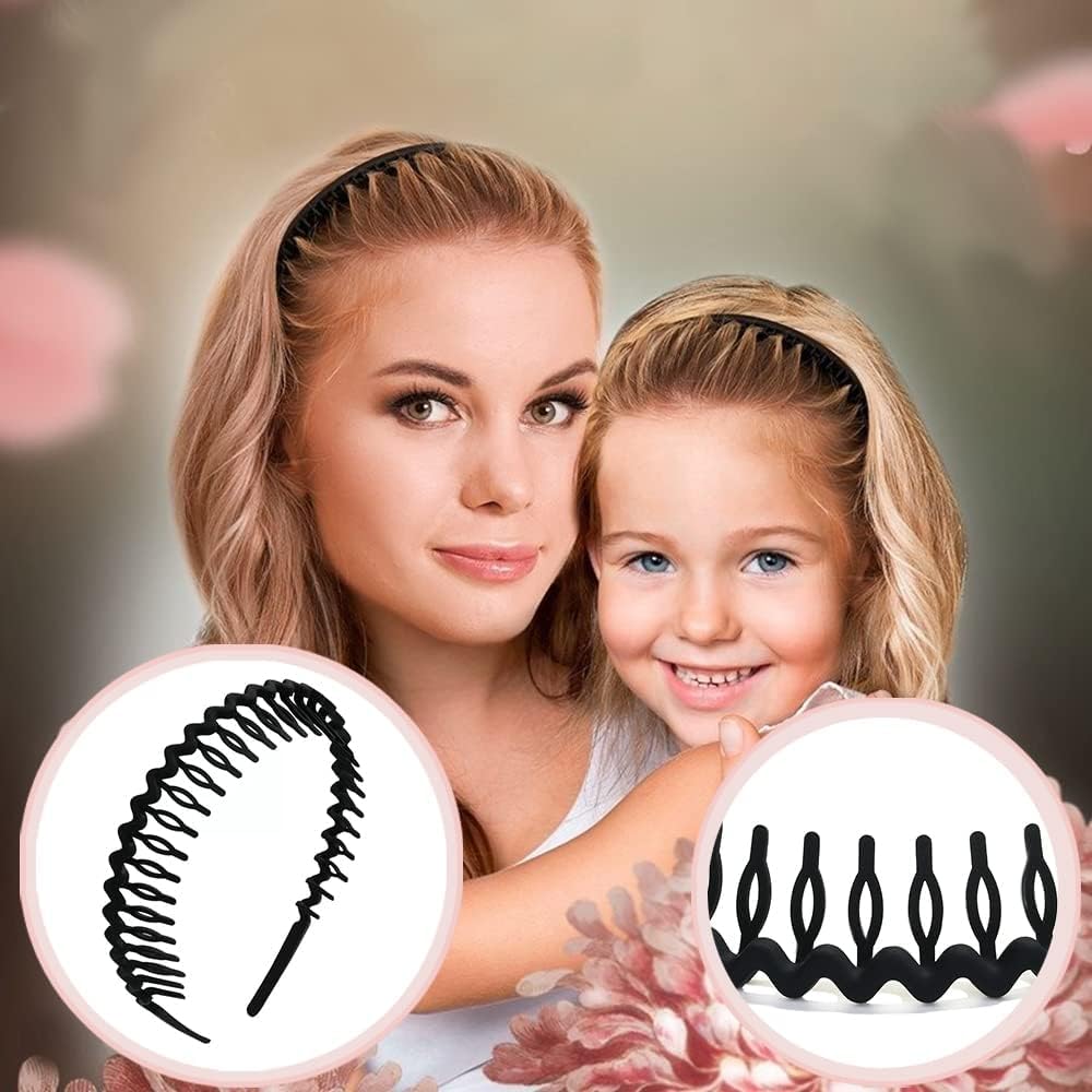 8-Pack No Slip Matte Black Plastic Headbands with Teeth Comb – Effortless Skinny Hair Accessories for Women, Men & Teen Girls