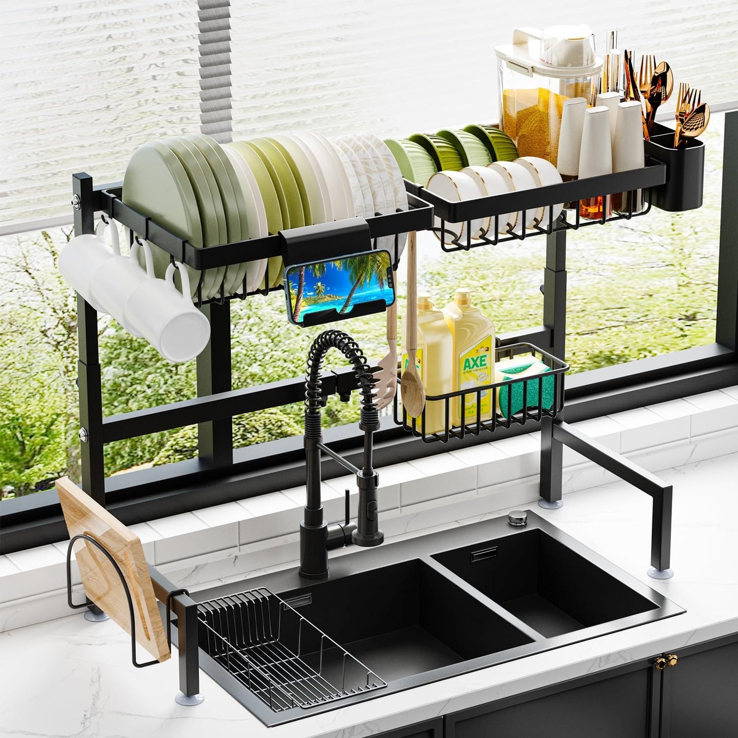 Over Sink Dish Drying Rack – 2-Tier Expandable Snap-On Design, Adjustable Length & Height