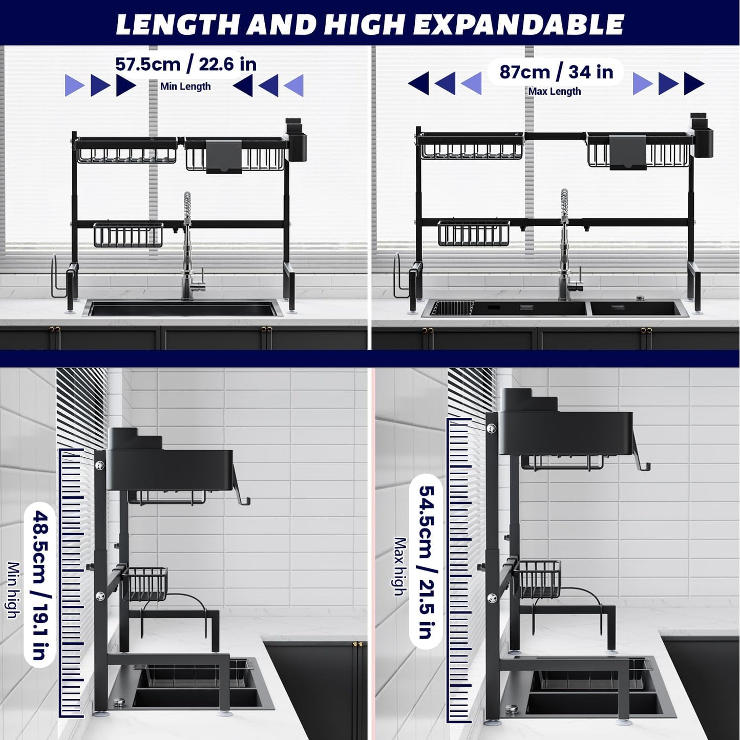 Over Sink Dish Drying Rack – 2-Tier Expandable Snap-On Design, Adjustable Length & Height