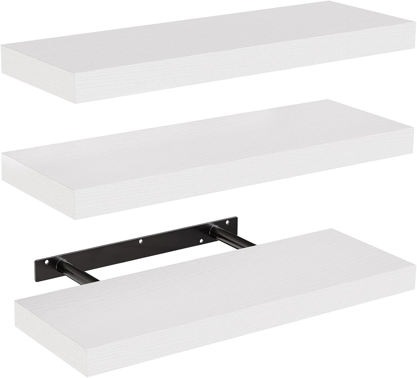 Set of 3 White Floating Shelves – Wall Shelves with Invisible Brackets for Bathroom, Living Room, Bedroom, Kitchen Decor