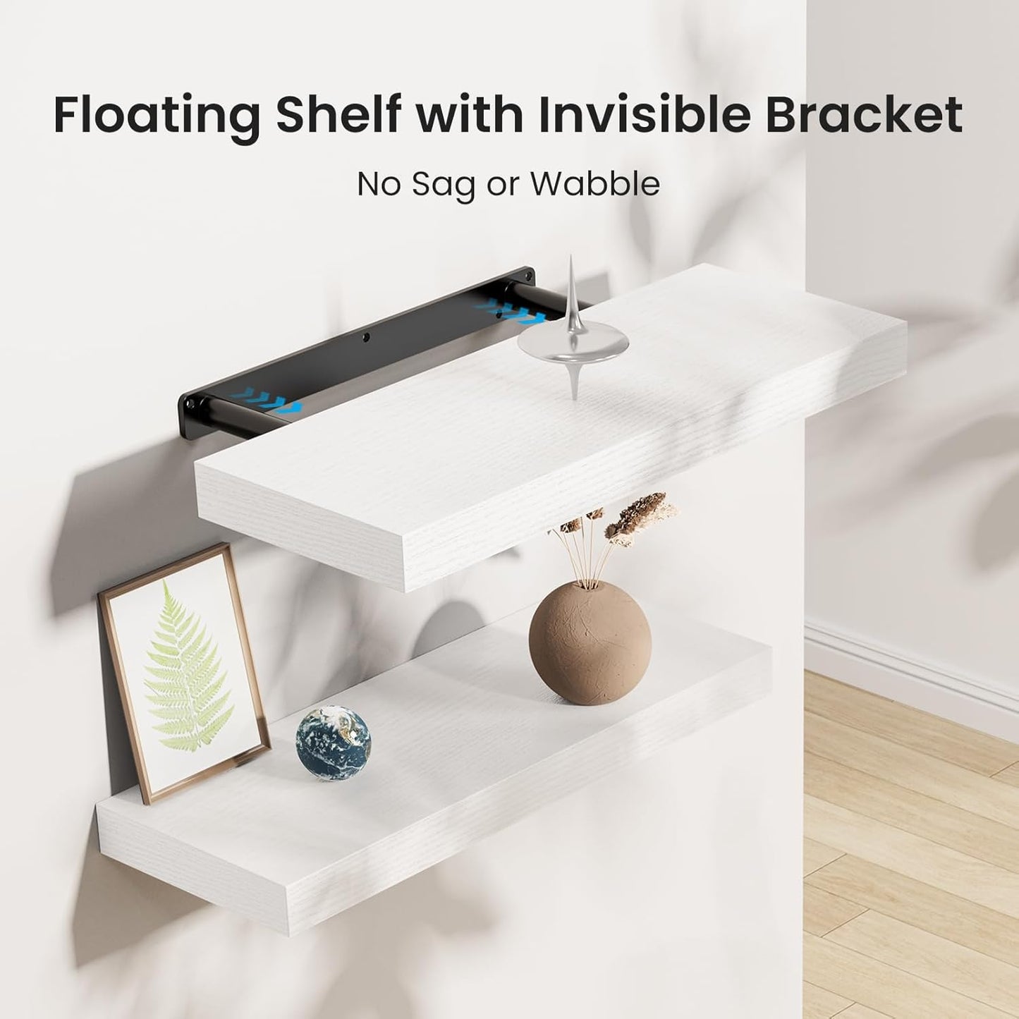 Set of 3 White Floating Shelves – Wall Shelves with Invisible Brackets for Bathroom, Living Room, Bedroom, Kitchen Decor