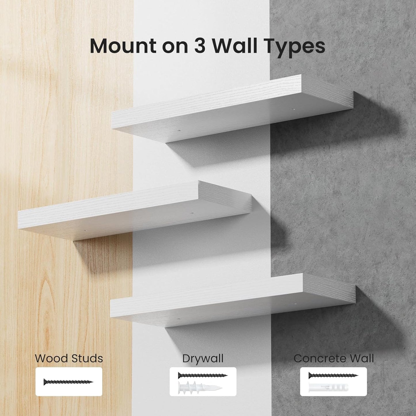 Set of 3 White Floating Shelves – Wall Shelves with Invisible Brackets for Bathroom, Living Room, Bedroom, Kitchen Decor