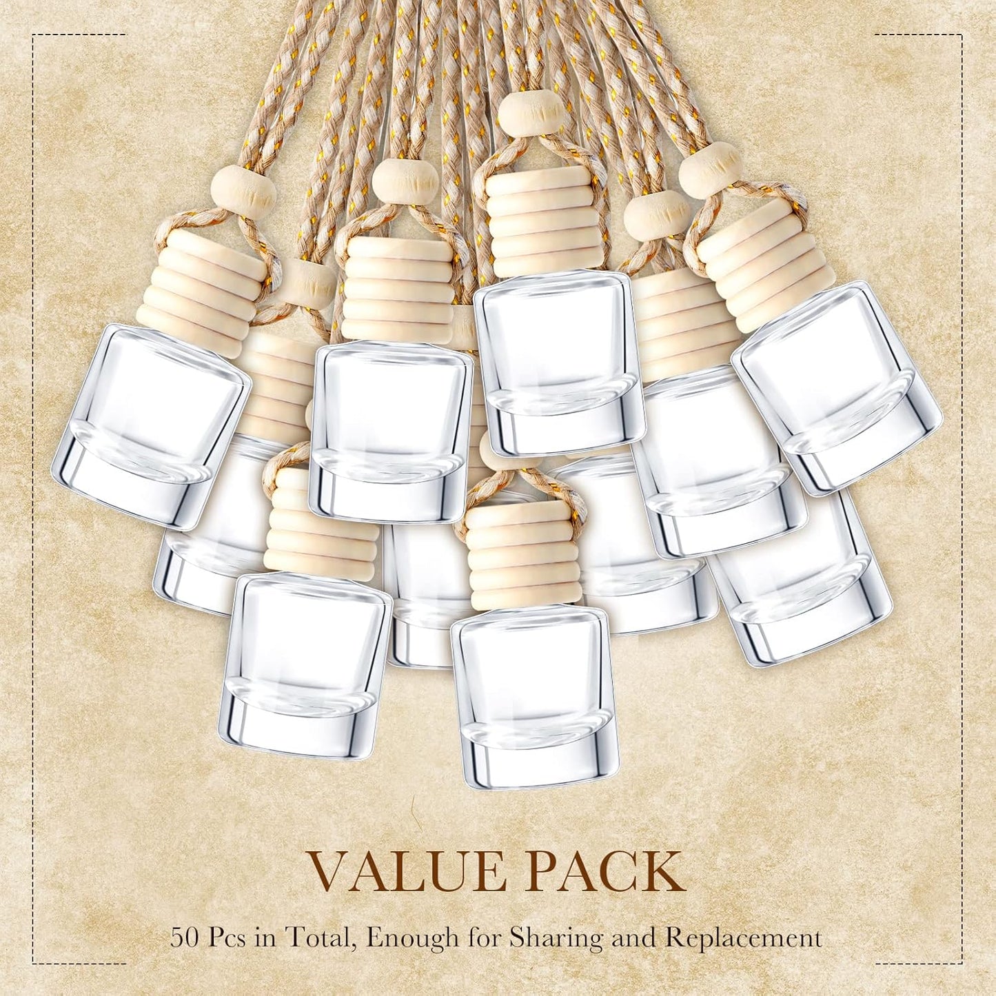50PCS Hanging Car Air Freshener Bottles – Empty Glass Diffuser Pendants for Essential Oils & Aromatherapy