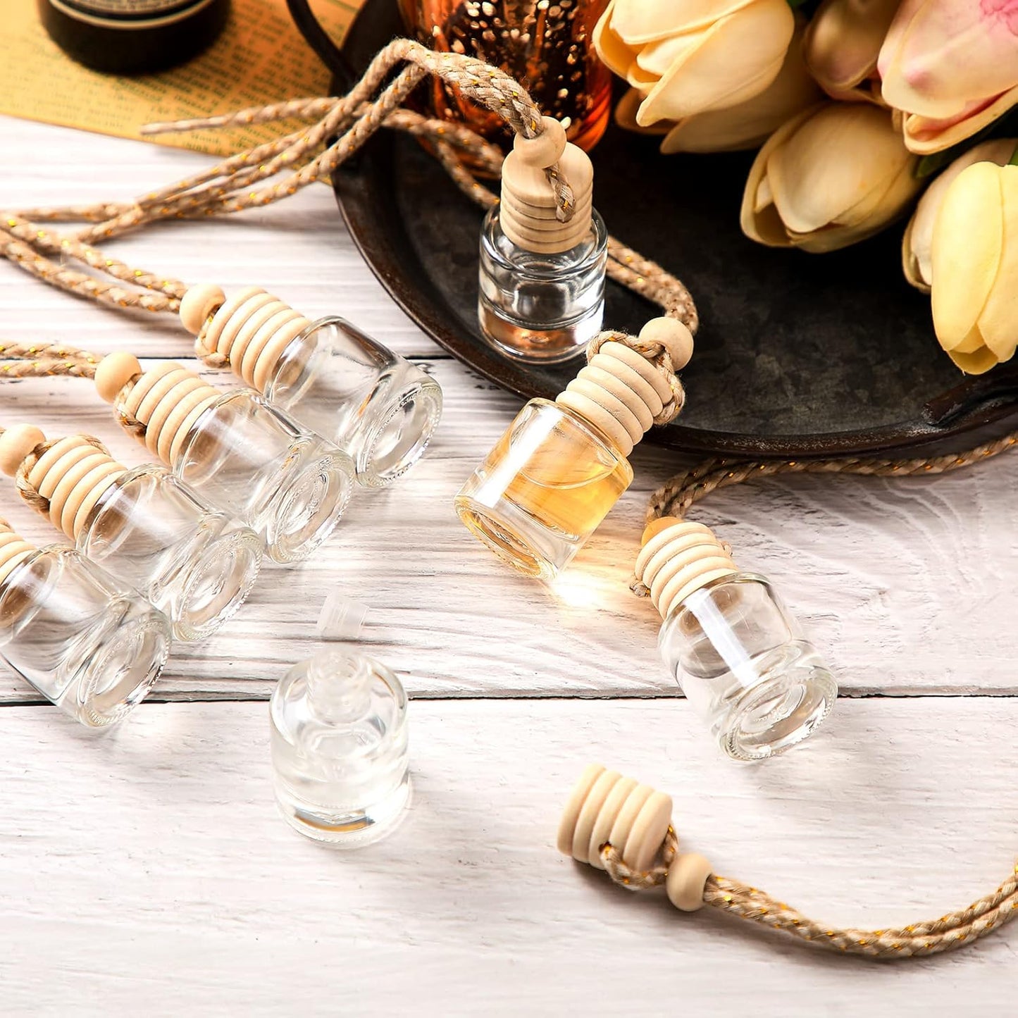 50PCS Hanging Car Air Freshener Bottles – Empty Glass Diffuser Pendants for Essential Oils & Aromatherapy