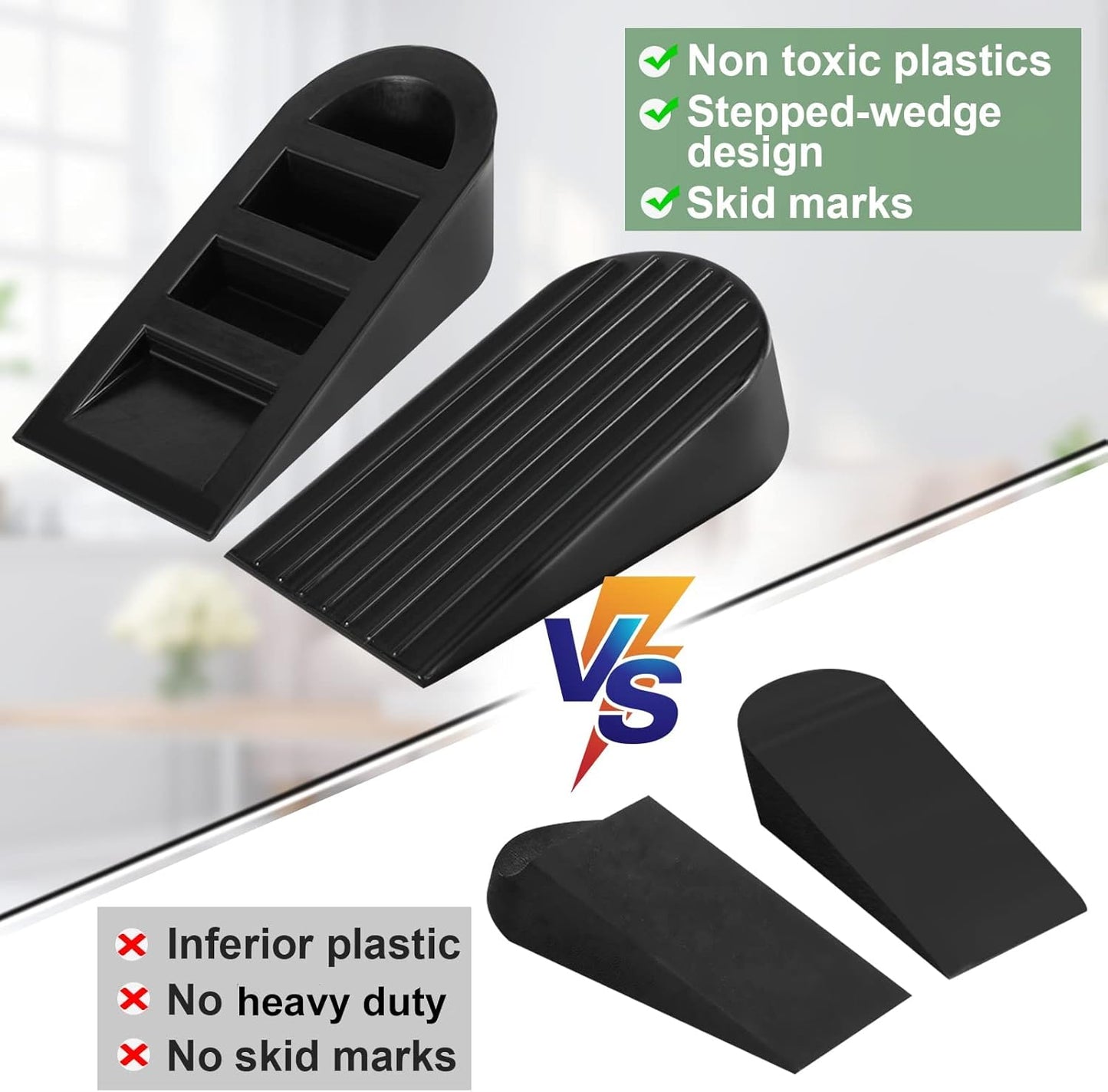 2-Pack Heavy Duty Rubber Door Stoppers – Non-Scratch Wedge for All Floors (Black)