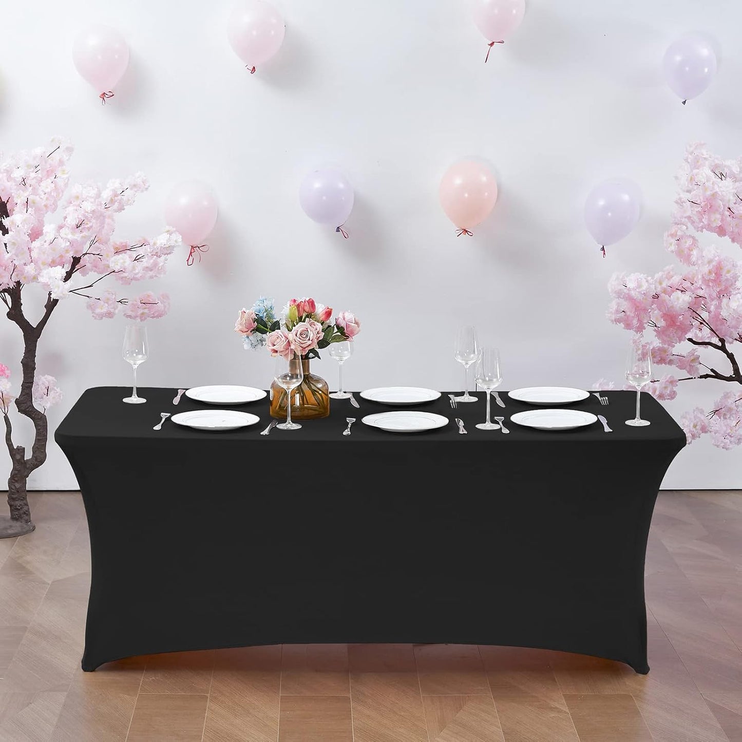 6FT Stretch Spandex Table Cover, Wrinkle Resistant, Rectangular Fitted, Black