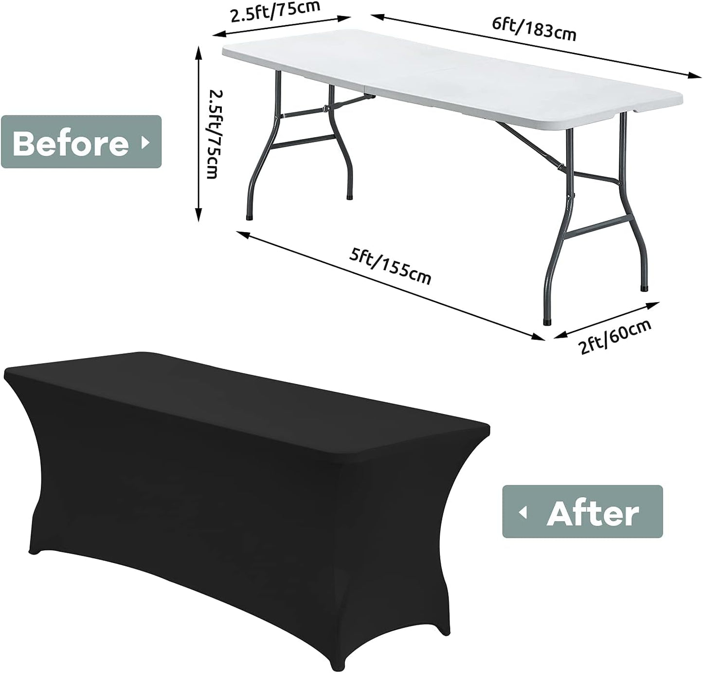 6FT Stretch Spandex Table Cover, Wrinkle Resistant, Rectangular Fitted, Black