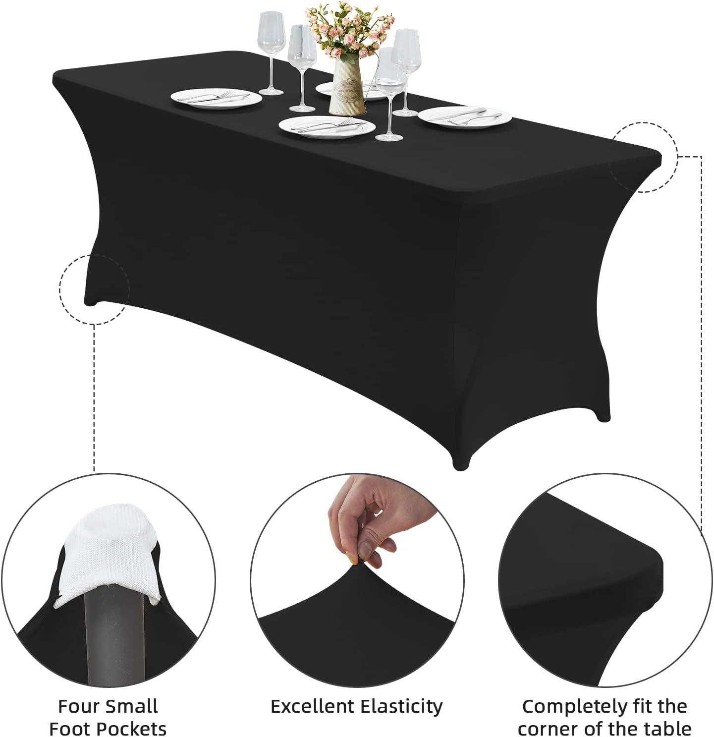 6FT Stretch Spandex Table Cover, Wrinkle Resistant, Rectangular Fitted, Black