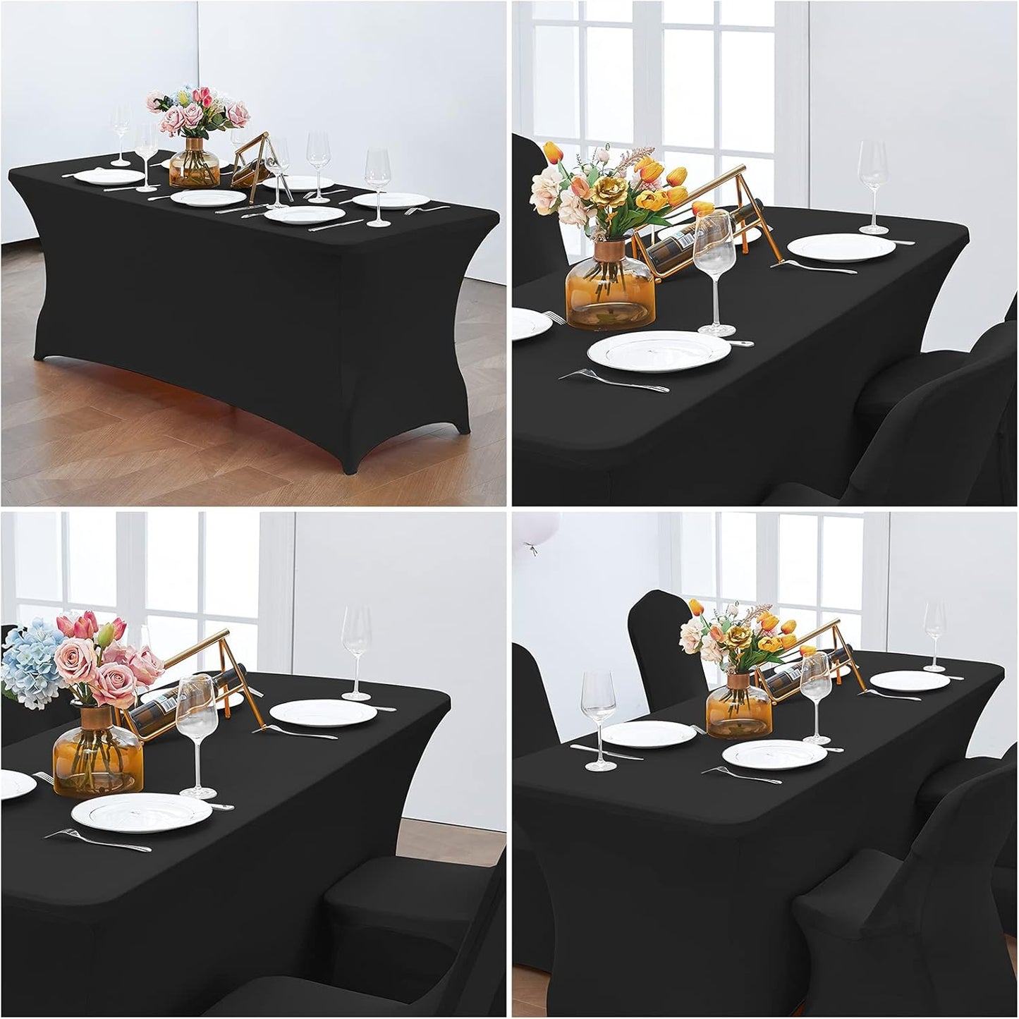 6FT Stretch Spandex Table Cover, Wrinkle Resistant, Rectangular Fitted, Black