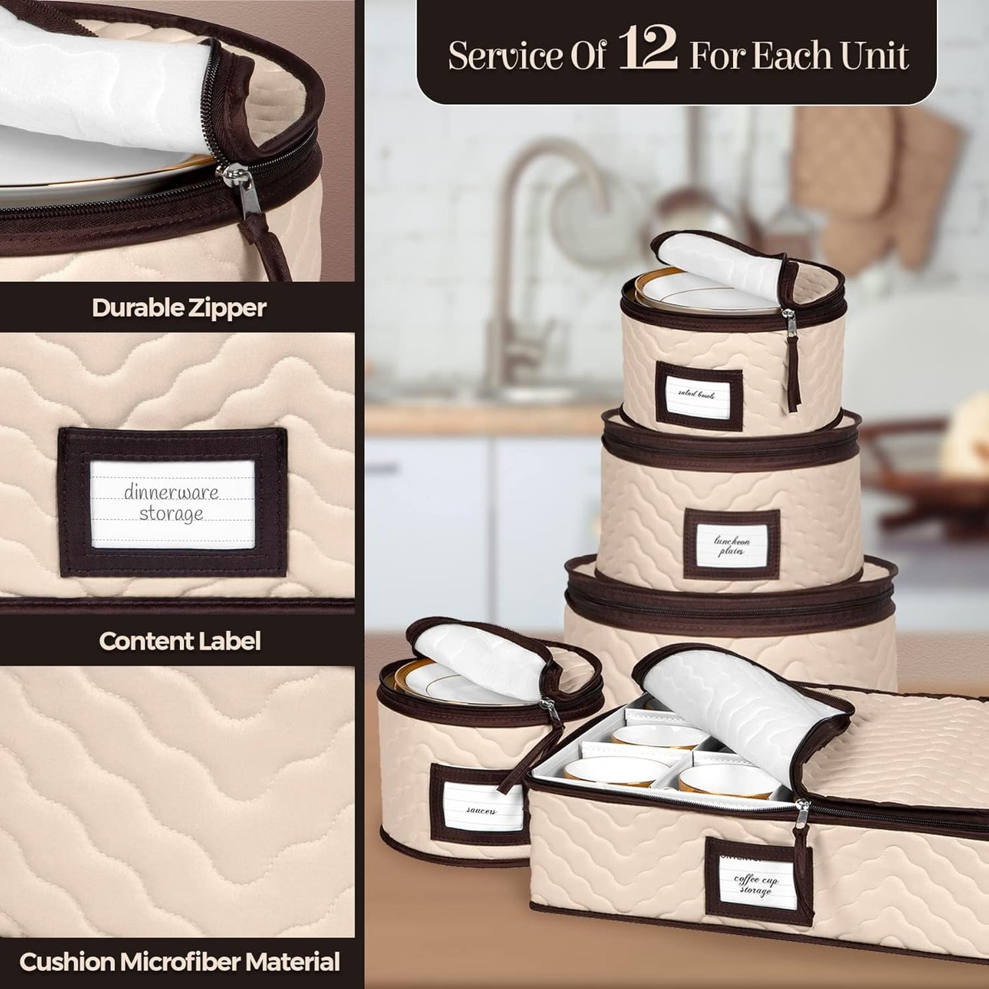 5-Piece Quilted Dish Organizer Set with Dividers for Dinnerware – Holds 12