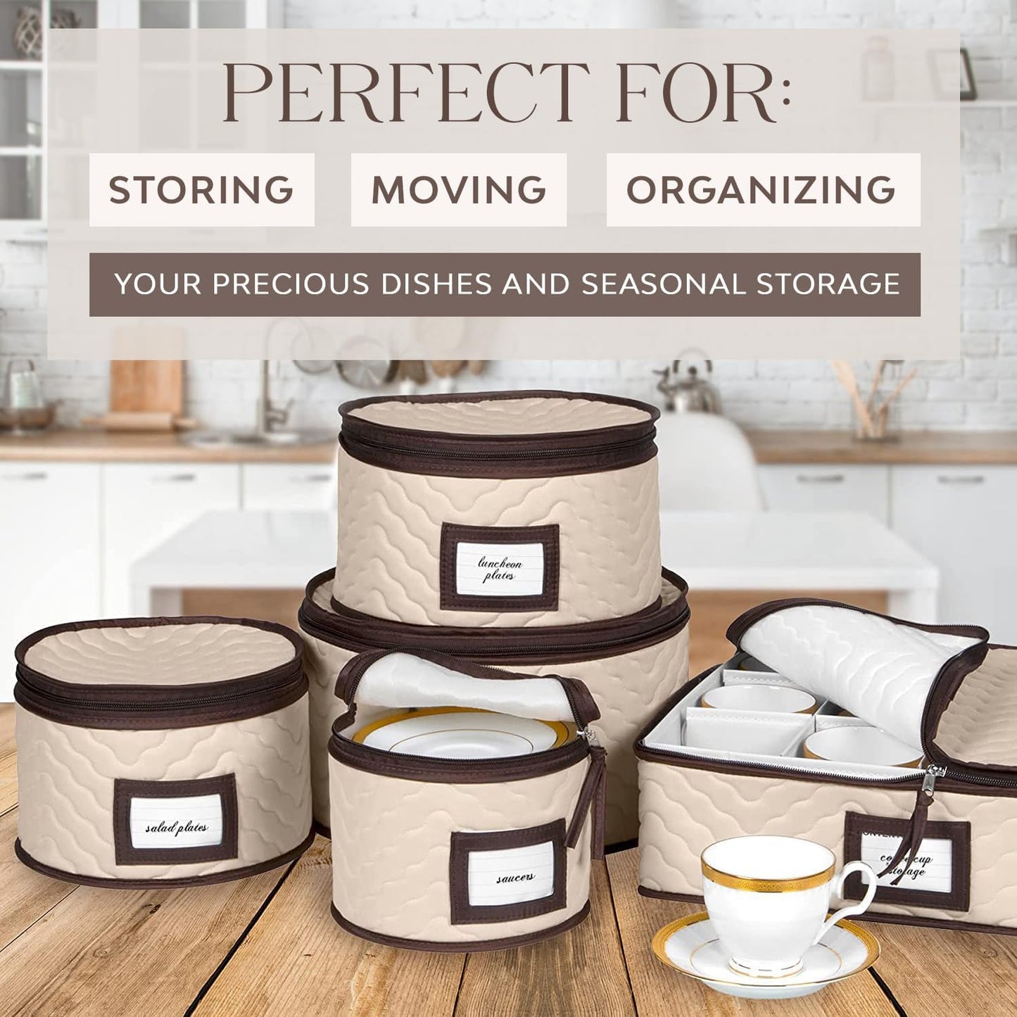 5-Piece Quilted Dish Organizer Set with Dividers for Dinnerware – Holds 12