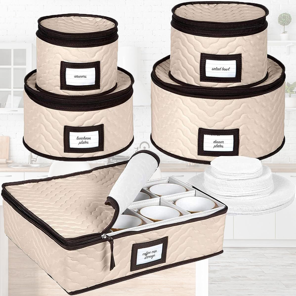 5-Piece Quilted Dish Organizer Set with Dividers for Dinnerware – Holds 12