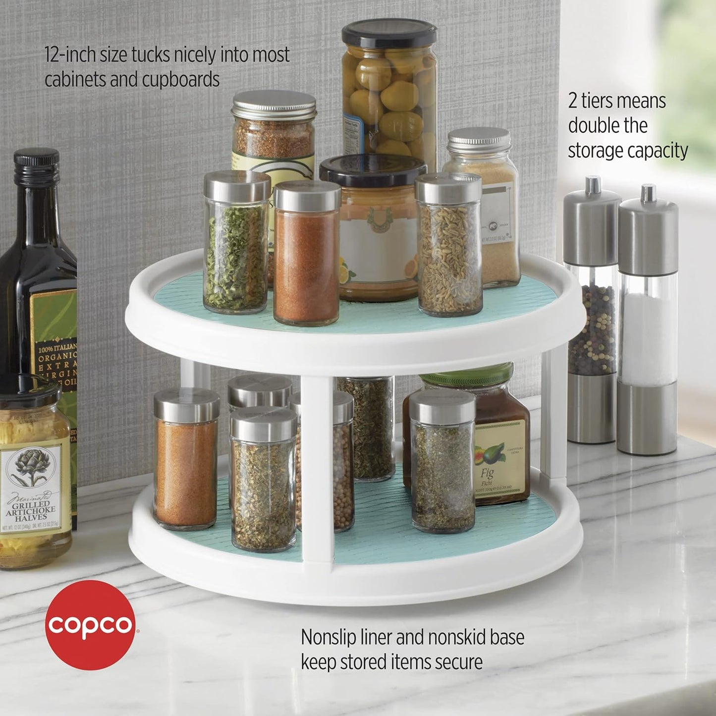 Skid 2-Tier 12" Turntable – Lazy Susan Organizer with Nonskid Liner & Raised Rim