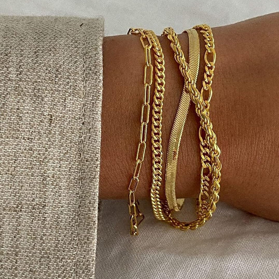 14K Gold Bracelet Set – Dainty Tennis, Beaded & Paperclip Links-Smart Price