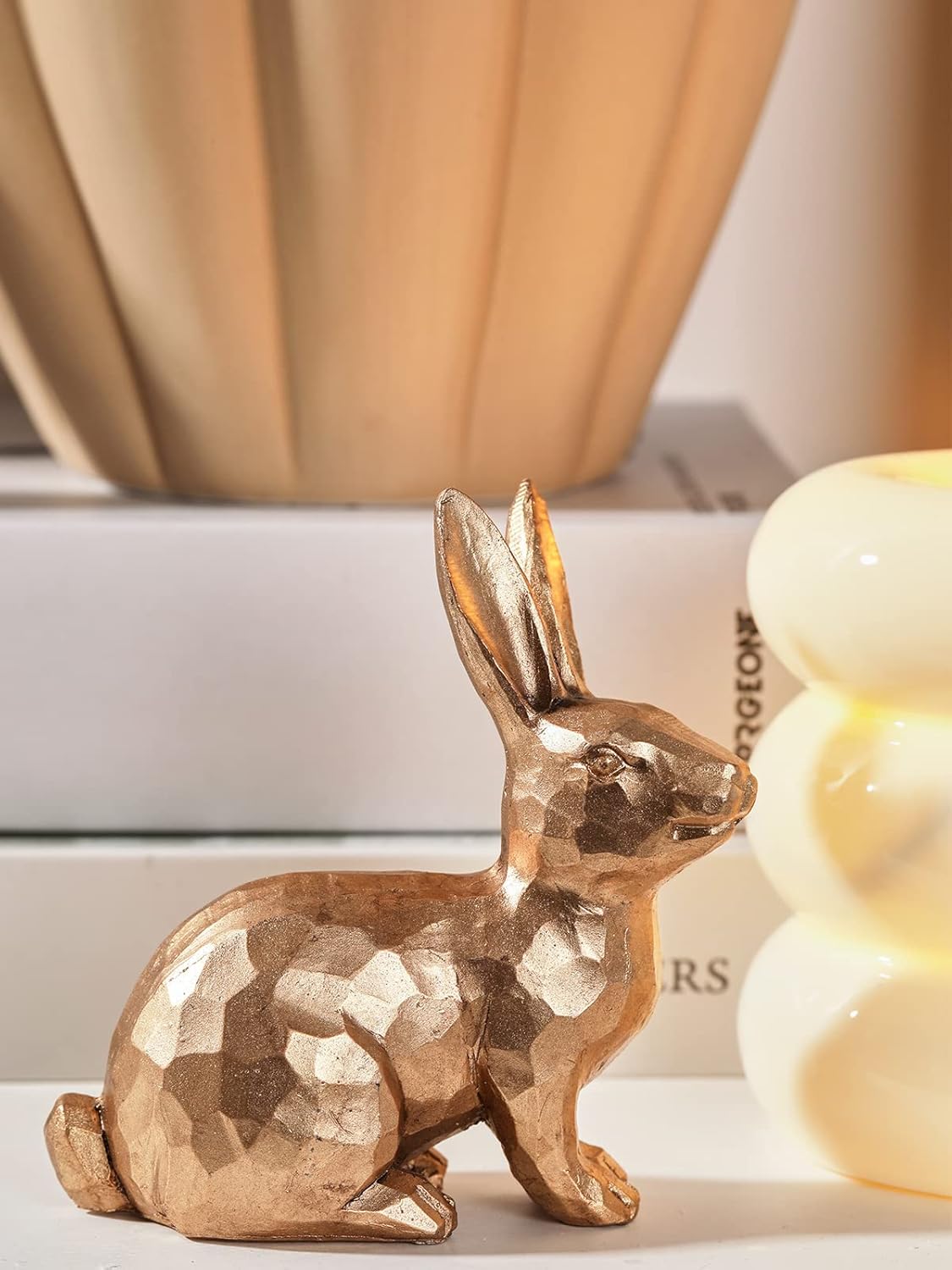Golden Polyresin Bunny Figurines - Set of 3 Easter Rabbit Statues for Spring Tabletop Decor