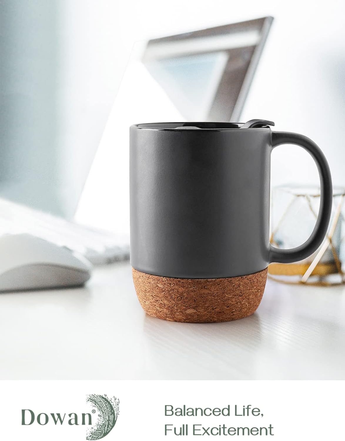 Set of 2 Large 15 oz Ceramic Coffee Mugs – Matte Grey with Cork Bottom & Spill Proof Lid