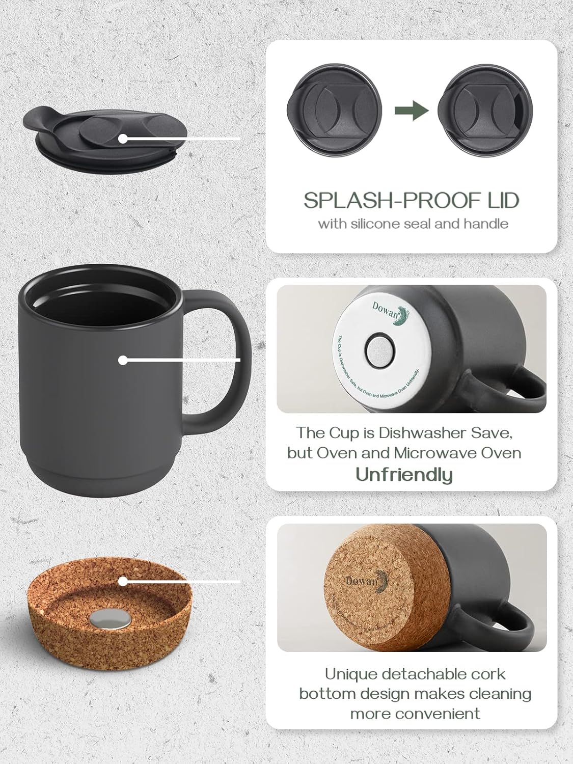 Set of 2 Large 15 oz Ceramic Coffee Mugs – Matte Grey with Cork Bottom & Spill Proof Lid