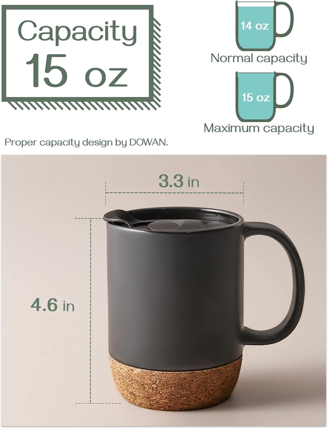 Set of 2 Large 15 oz Ceramic Coffee Mugs – Matte Grey with Cork Bottom & Spill Proof Lid