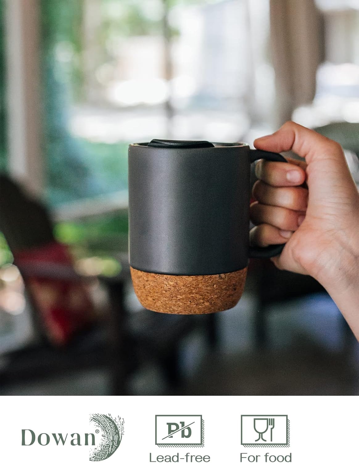 Set of 2 Large 15 oz Ceramic Coffee Mugs – Matte Grey with Cork Bottom & Spill Proof Lid