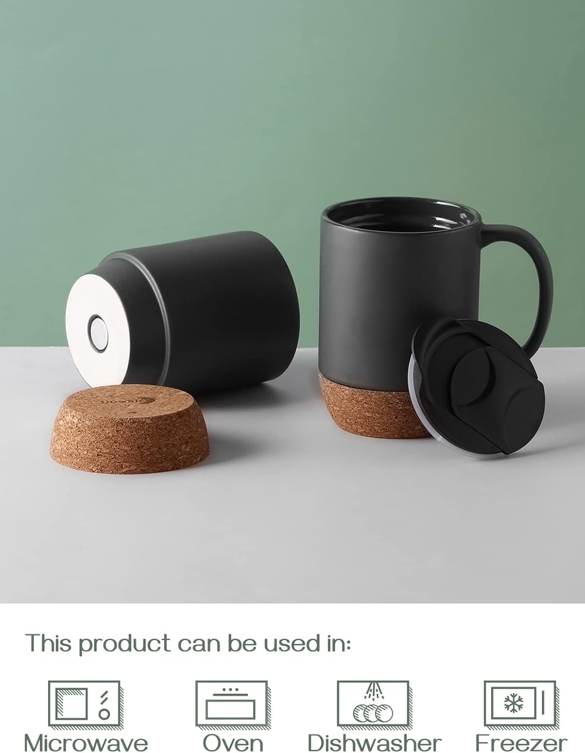 Set of 2 Large 15 oz Ceramic Coffee Mugs – Matte Grey with Cork Bottom & Spill Proof Lid