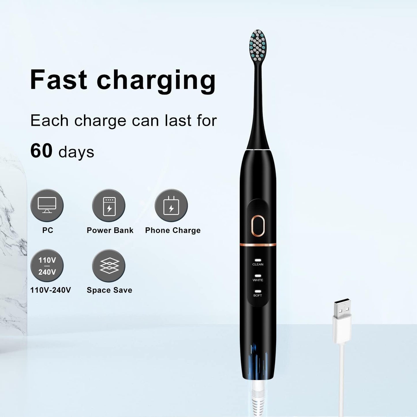 Electric Toothbrush Set – 8 Brush Heads, Travel Case, 4 Modes, Smart Timer, 60-Day Battery (Black)