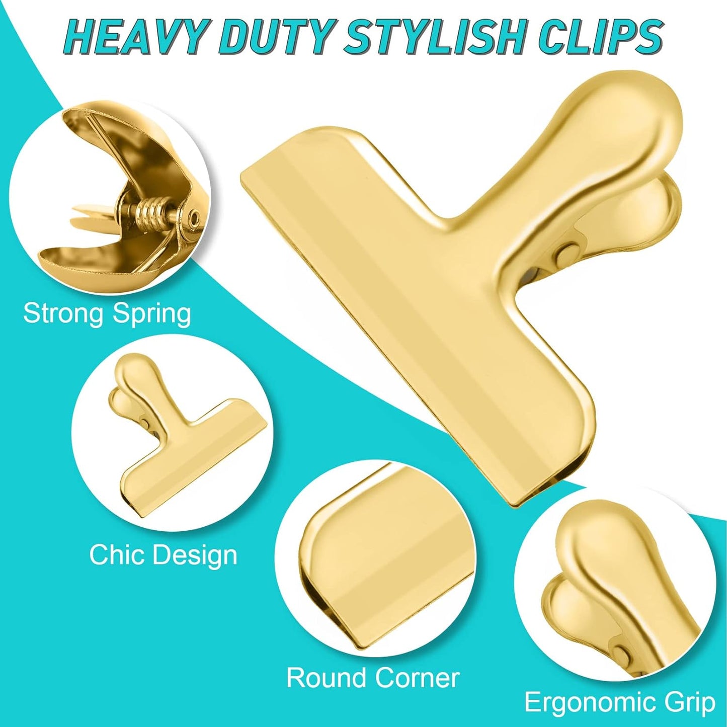 8-Pack 3-Inch Stainless Steel Gold Chip Clips – Heavy Duty Bag & Food Clips