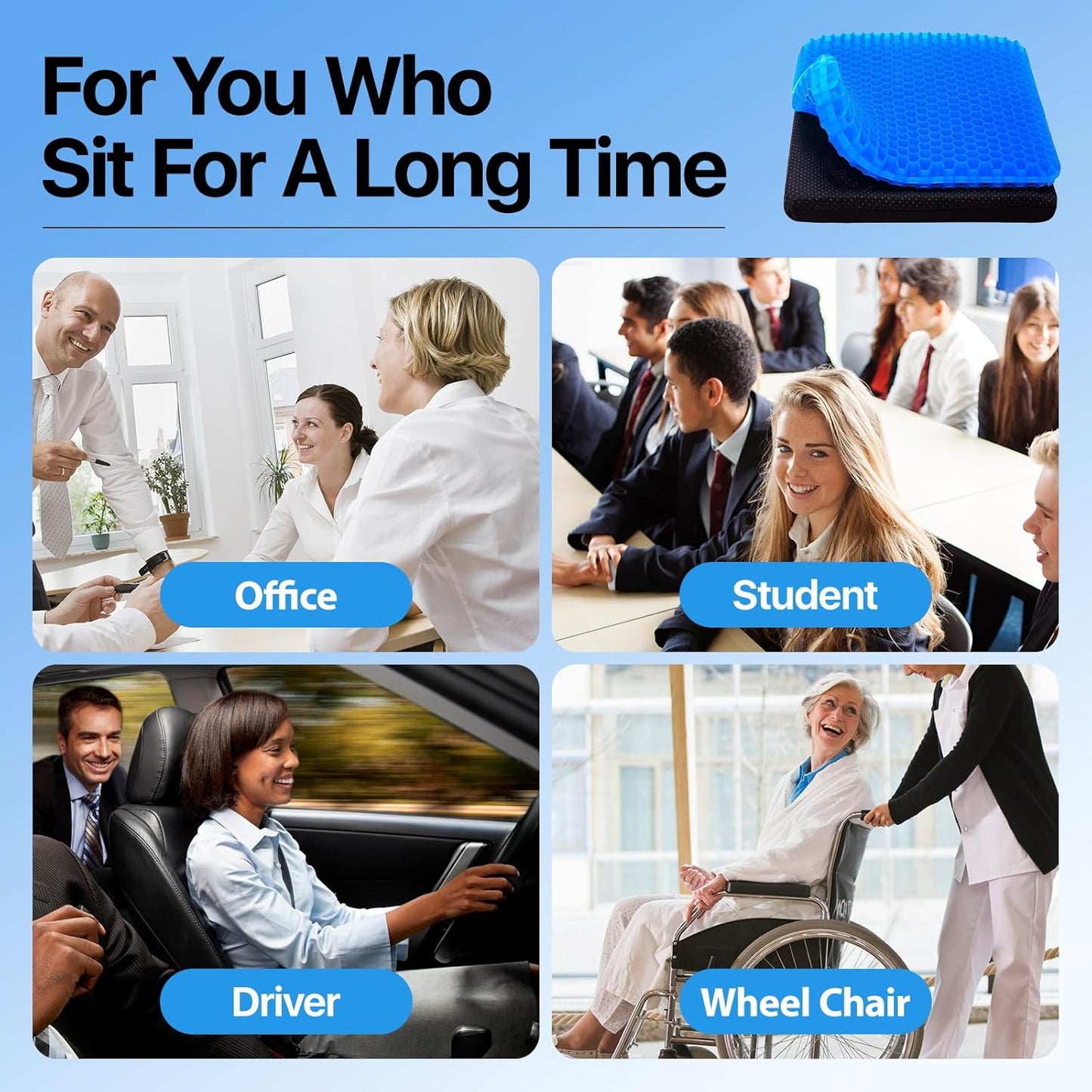 Gel Seat Cushion – Large, Cooling, Honeycomb Design for Office, Car & Wheelchair