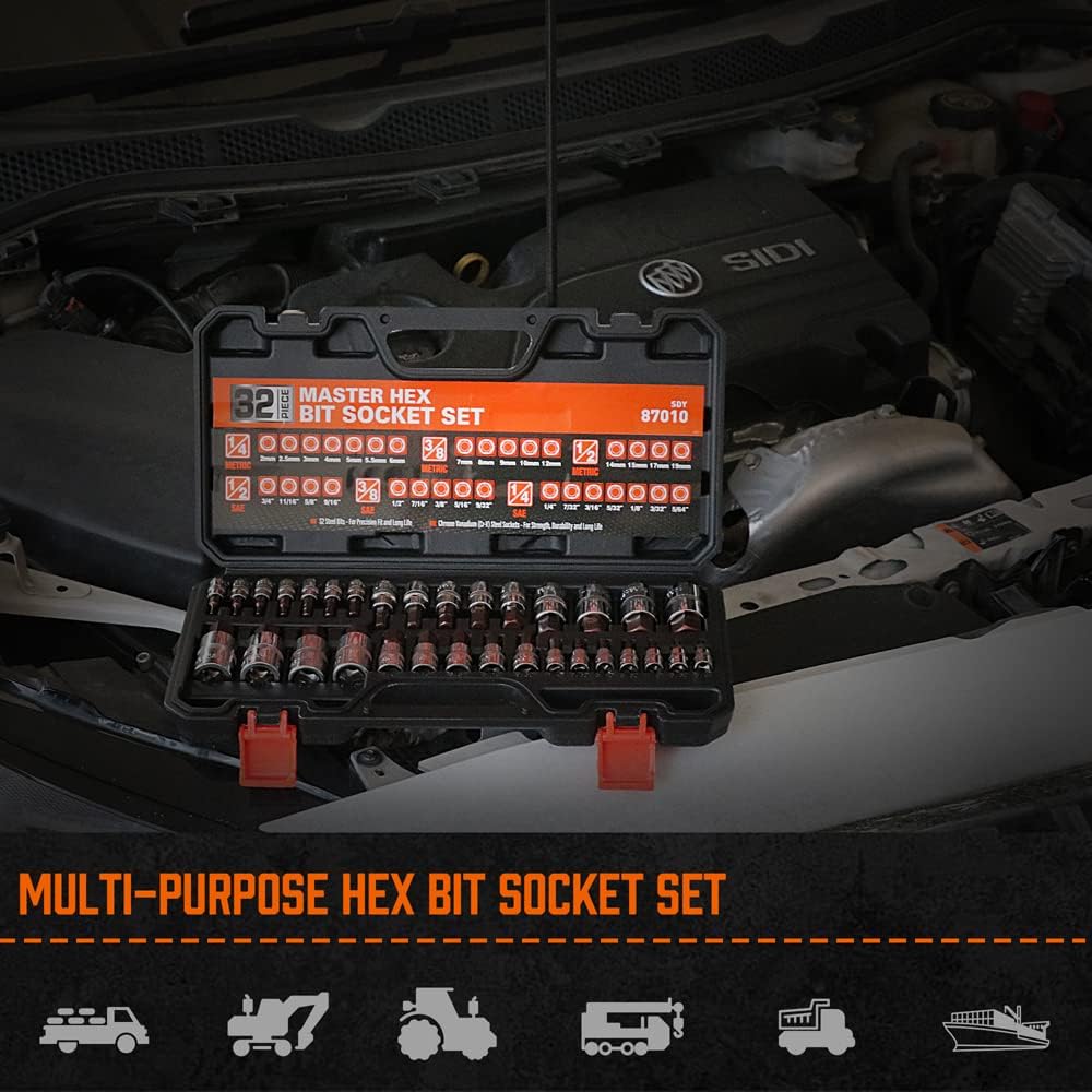 32-Piece Hex Bit Socket Set, SAE & Metric Allen Key Set, 1/4", 3/8", 1/2" Drive