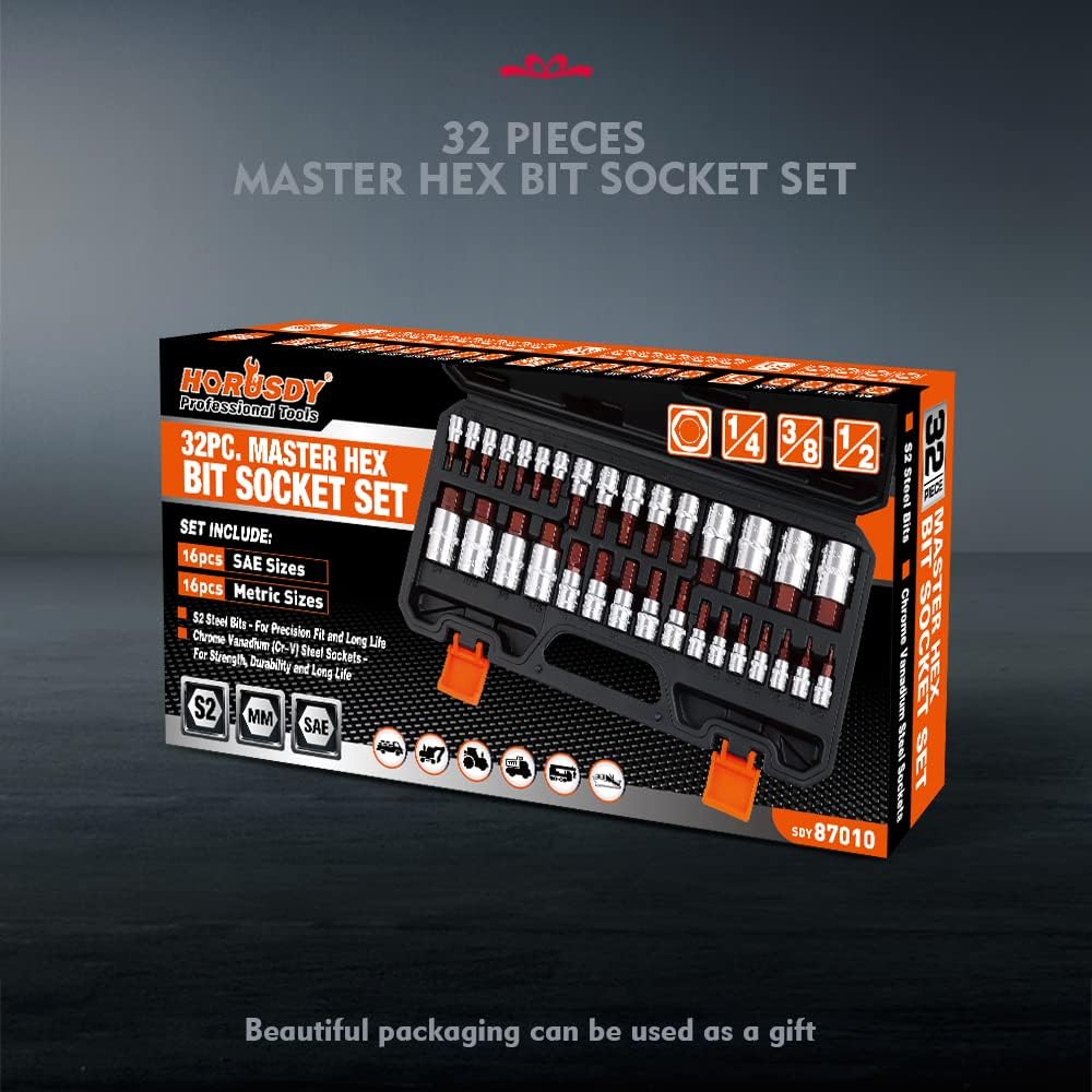 32-Piece Hex Bit Socket Set, SAE & Metric Allen Key Set, 1/4", 3/8", 1/2" Drive