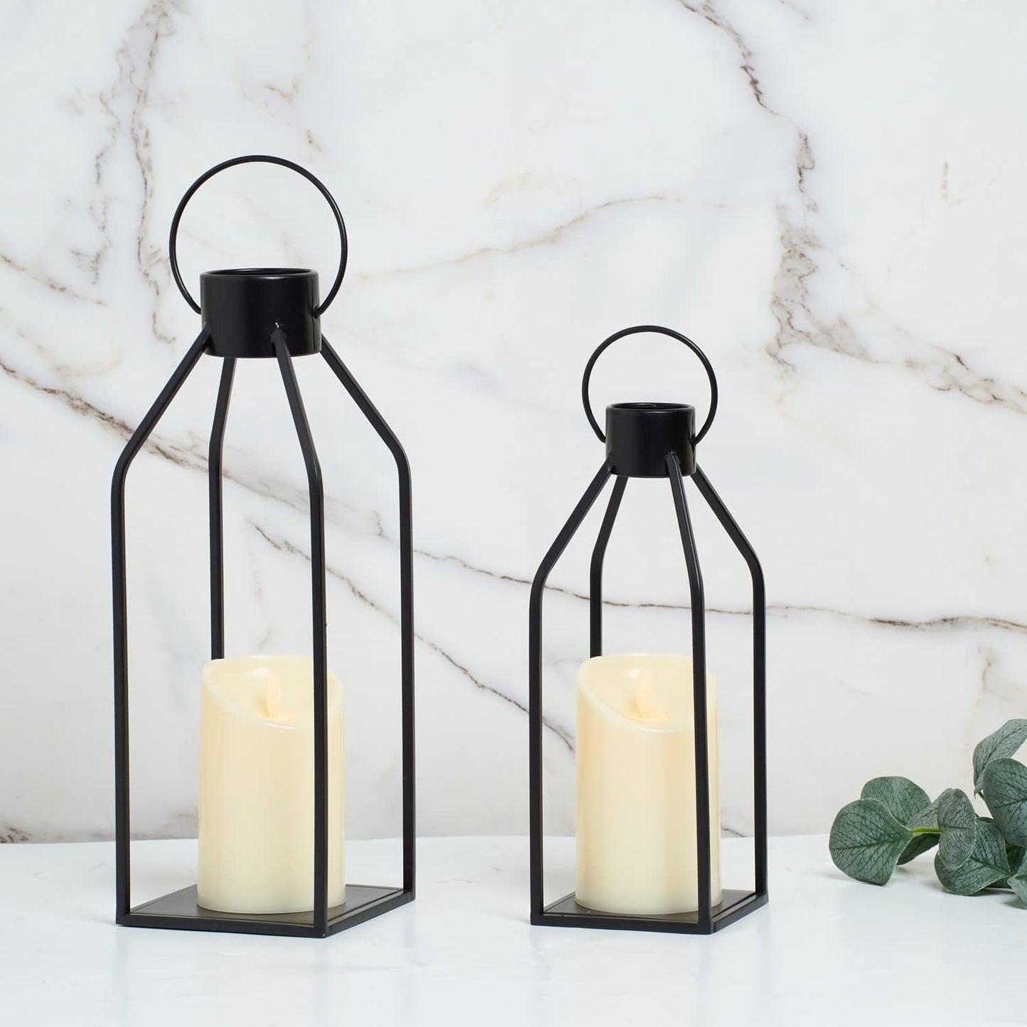 Black Metal Candle Lanterns with Timer – Flickering Candles for Indoor/Outdoor Christmas Decor