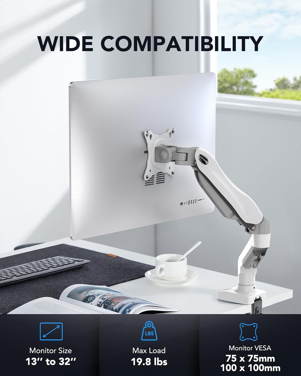 Single Monitor Mount, 13-32” Gas Spring Arm, Adjustable VESA Stand with Clamp & Grommet Base