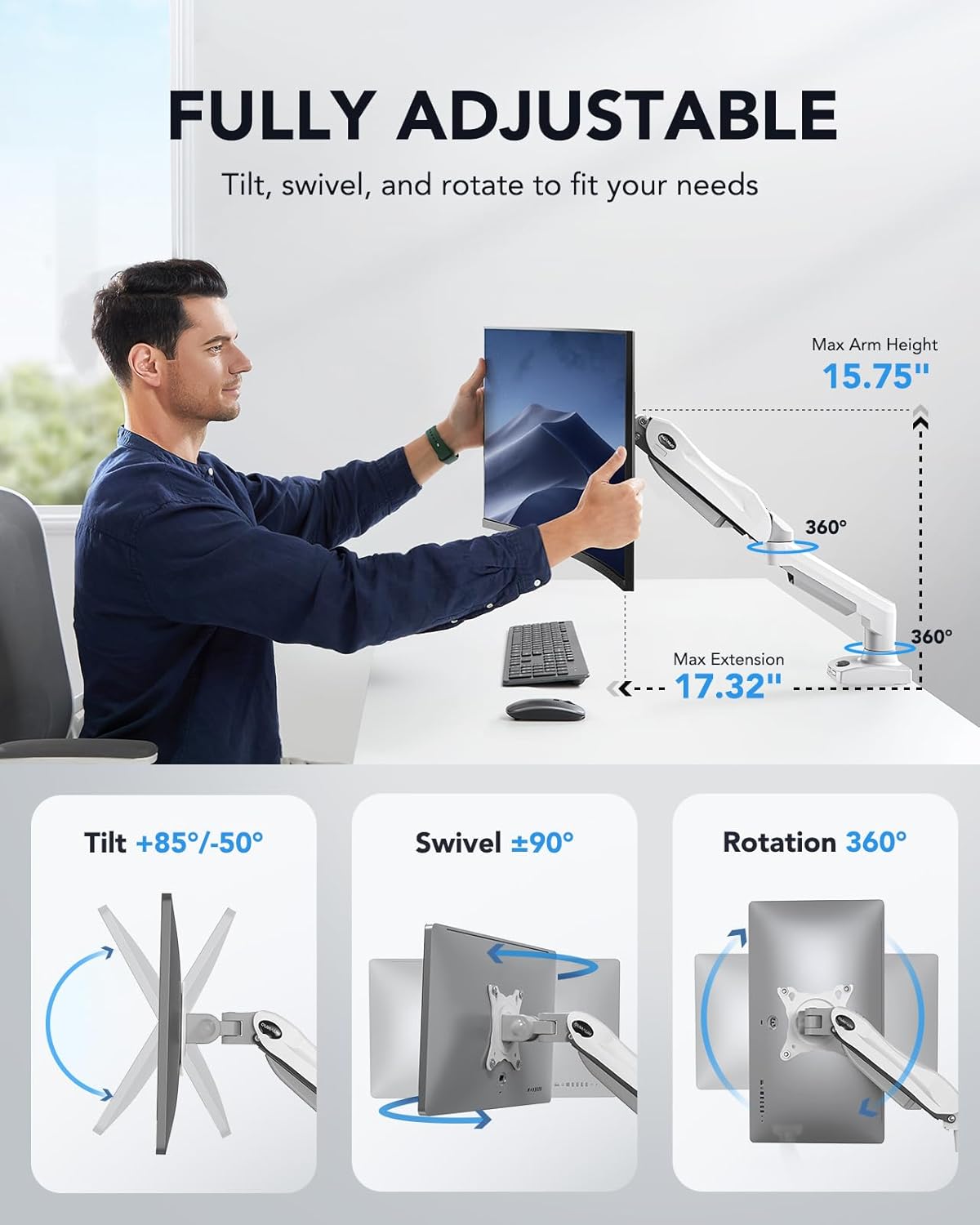 Single Monitor Mount, 13-32” Gas Spring Arm, Adjustable VESA Stand with Clamp & Grommet Base