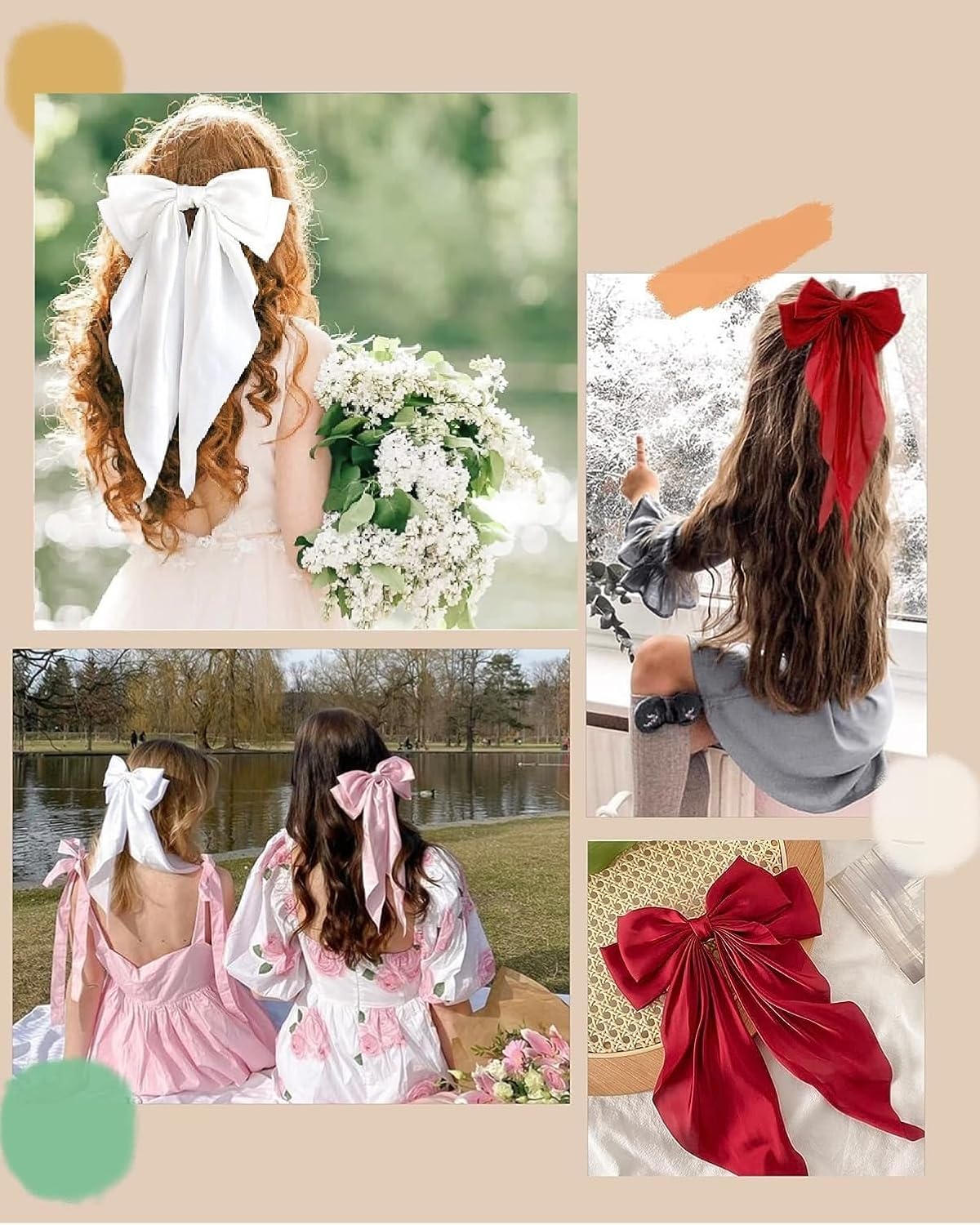 Hair Bows for Women & Girls - 8 PCS Vintage Ribbon Bow Clips with Long Tails