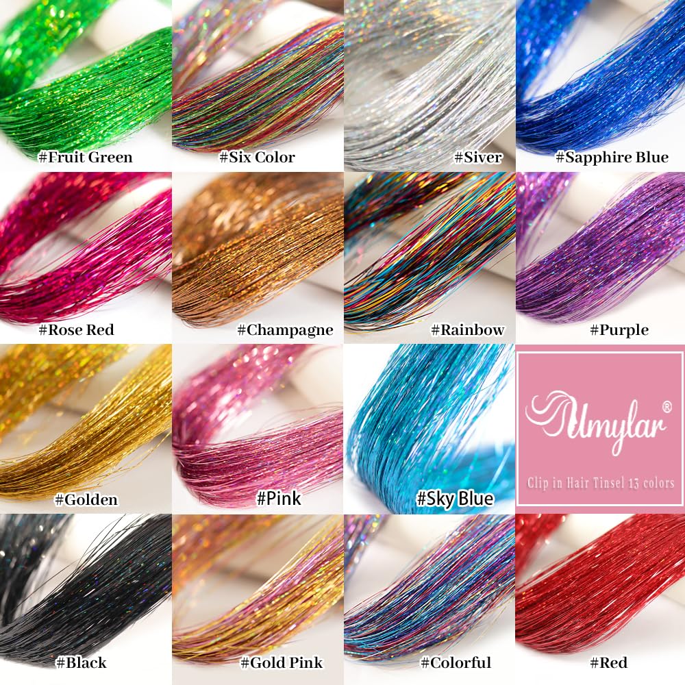Hair Tinsel Extensions - 12PCS Clip-In Glitter Strands (20”) for Women, Girls & Kids - Colorful Party Hair Accessories