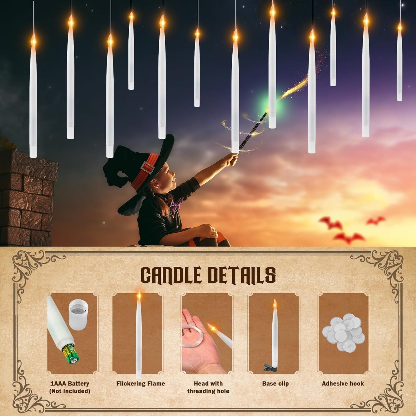 12pcs 8-Inch Floating LED Candles with Remote - Flickering Halloween Decor for Indoor/Outdoor