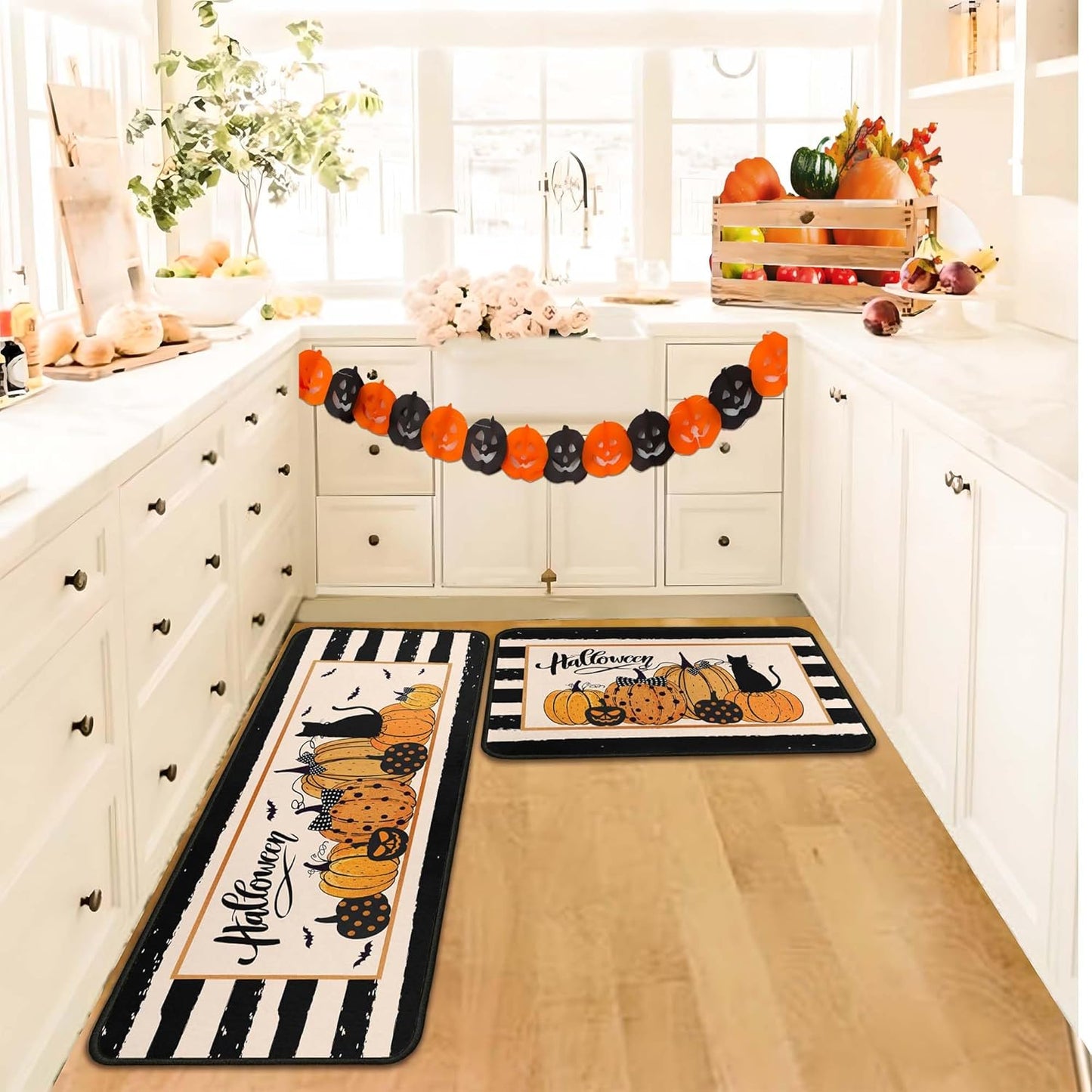 Kitchen Mats for Floor, Halloween Decorations Non Slip Backing Halloween Kitchen Rug Set of 2 Low-Profile Mat Halloween Decor for Home Party (Stripe, 17"x47"+17"x30")
