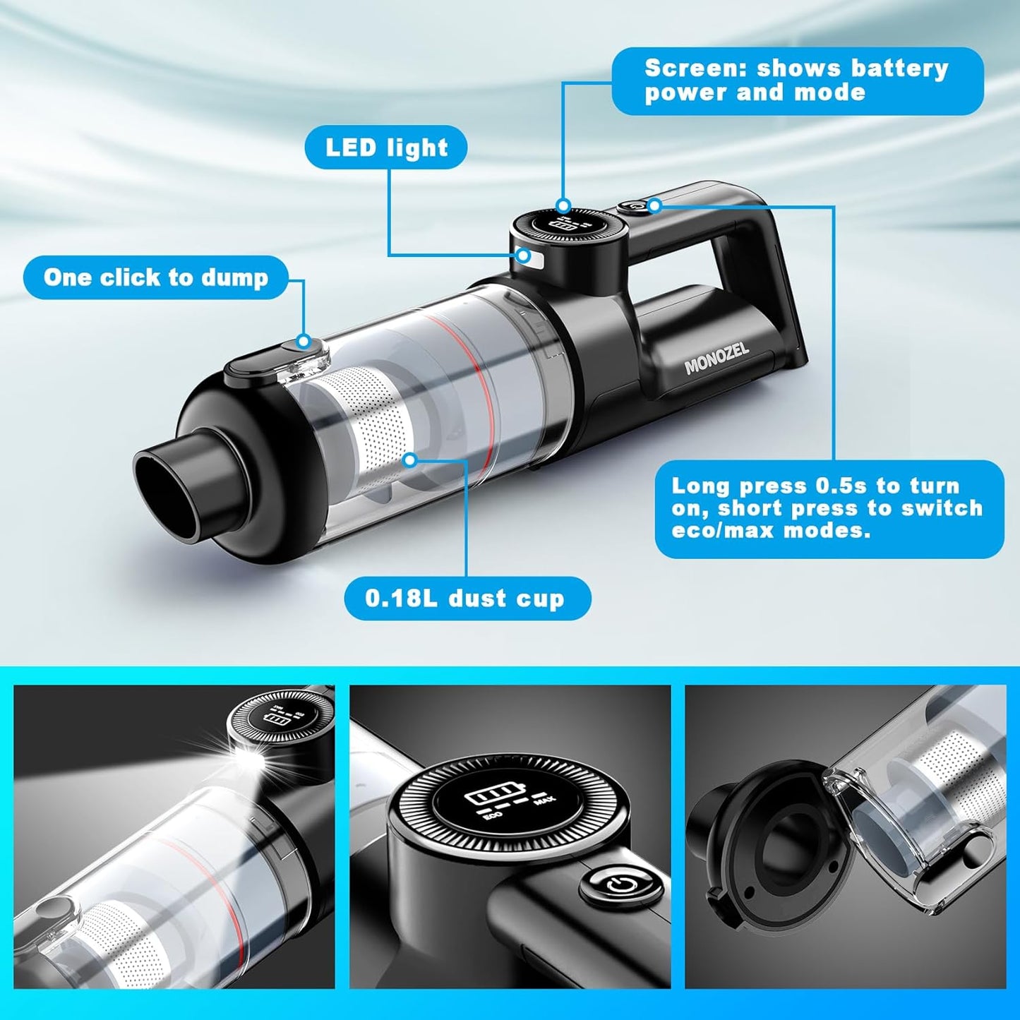 Handheld Vacuum Cordless | Car Vacuum Cleaner with Brushless Motor, 15000Pa Strong Suction Vacuum with LED Light