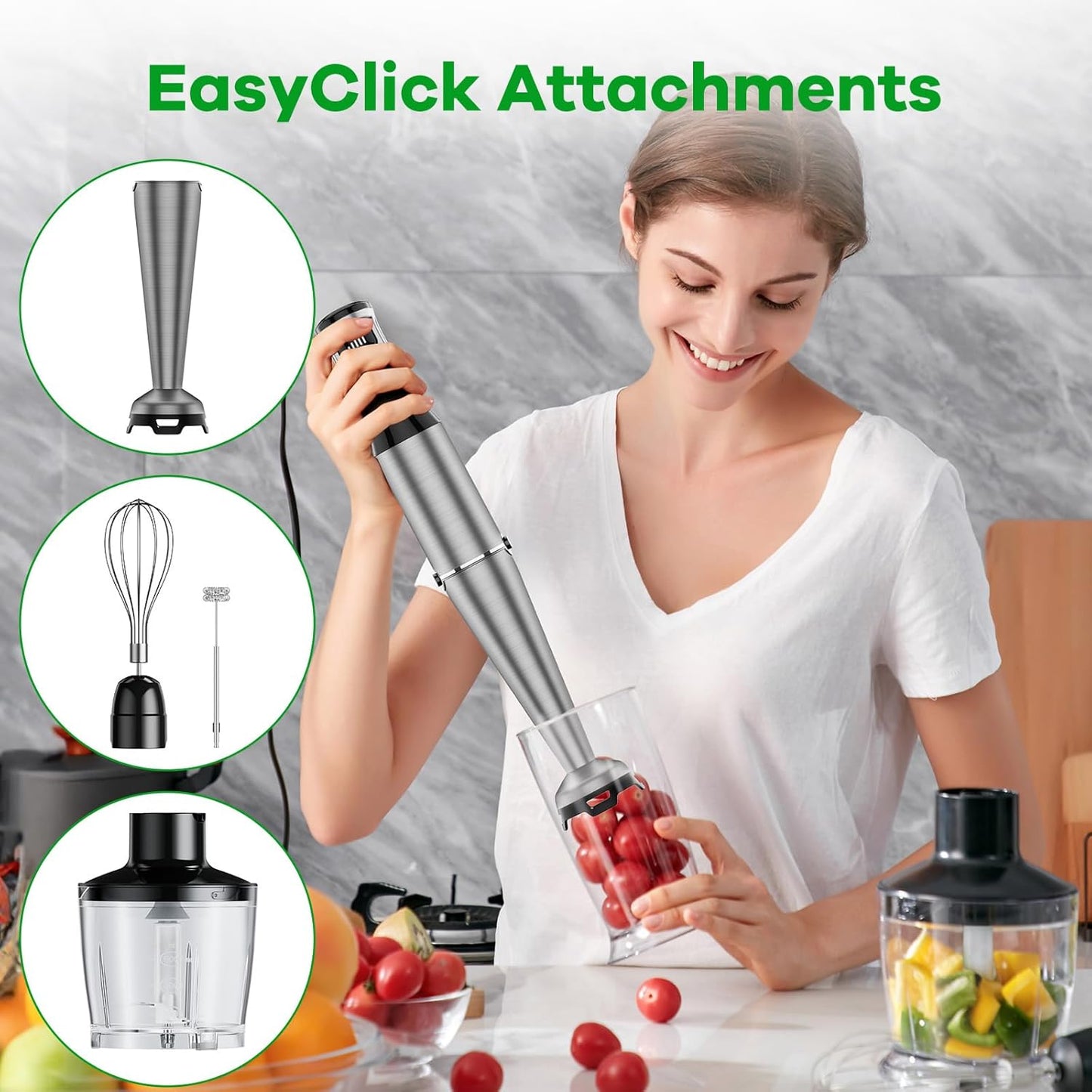 1100W Hand Blender 5-in-1 - Stick Blender with Chopper, Whisk & Frother