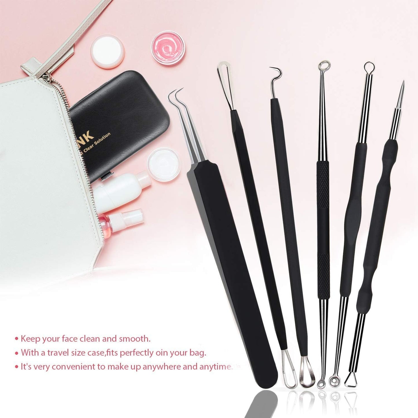 6-Piece Blackhead & Acne Removal Kit – Comedone Extractor Tools with Black Leather Bag