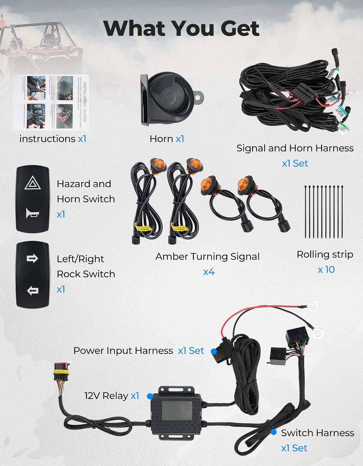 UTV Turn Signal Kit with Horn – Pre-Wired Plug & Play Street Legal Blinker Kit with Rocker Switch & Hazard Light, Universal for Polaris, Can-Am, Kawasaki