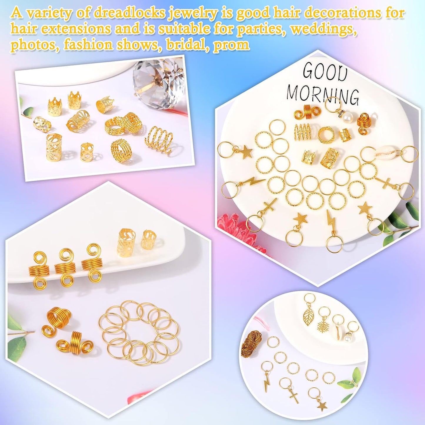 259PCS Hair Jewelry Set – Gold Dreadlock & Braid Accessories, Rings, Cuffs & Clips for Women