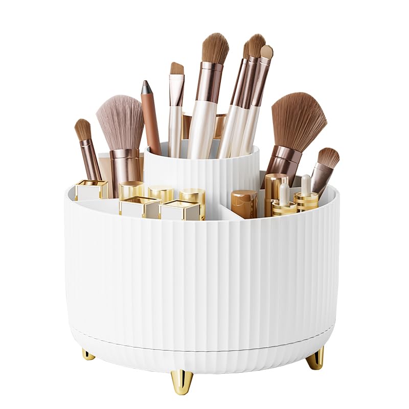 360° Rotating Makeup Brush Organizer - 5 Slot Holder for Brushes, Cosmetics & Nail Polish - White