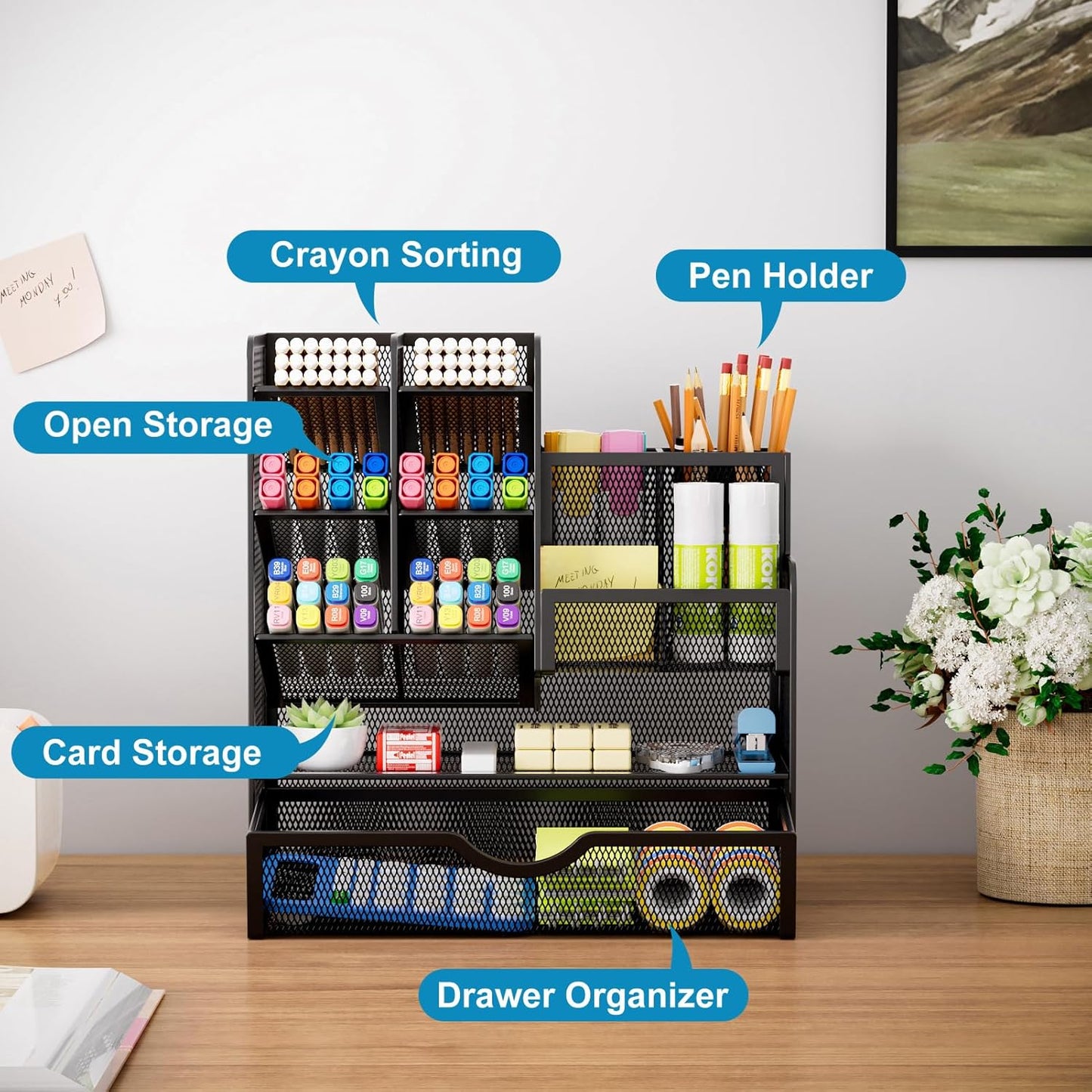 Mesh Pen Holder with Drawer - Multi-Functional Desk Organizer for Office & Art Supplies (Black)