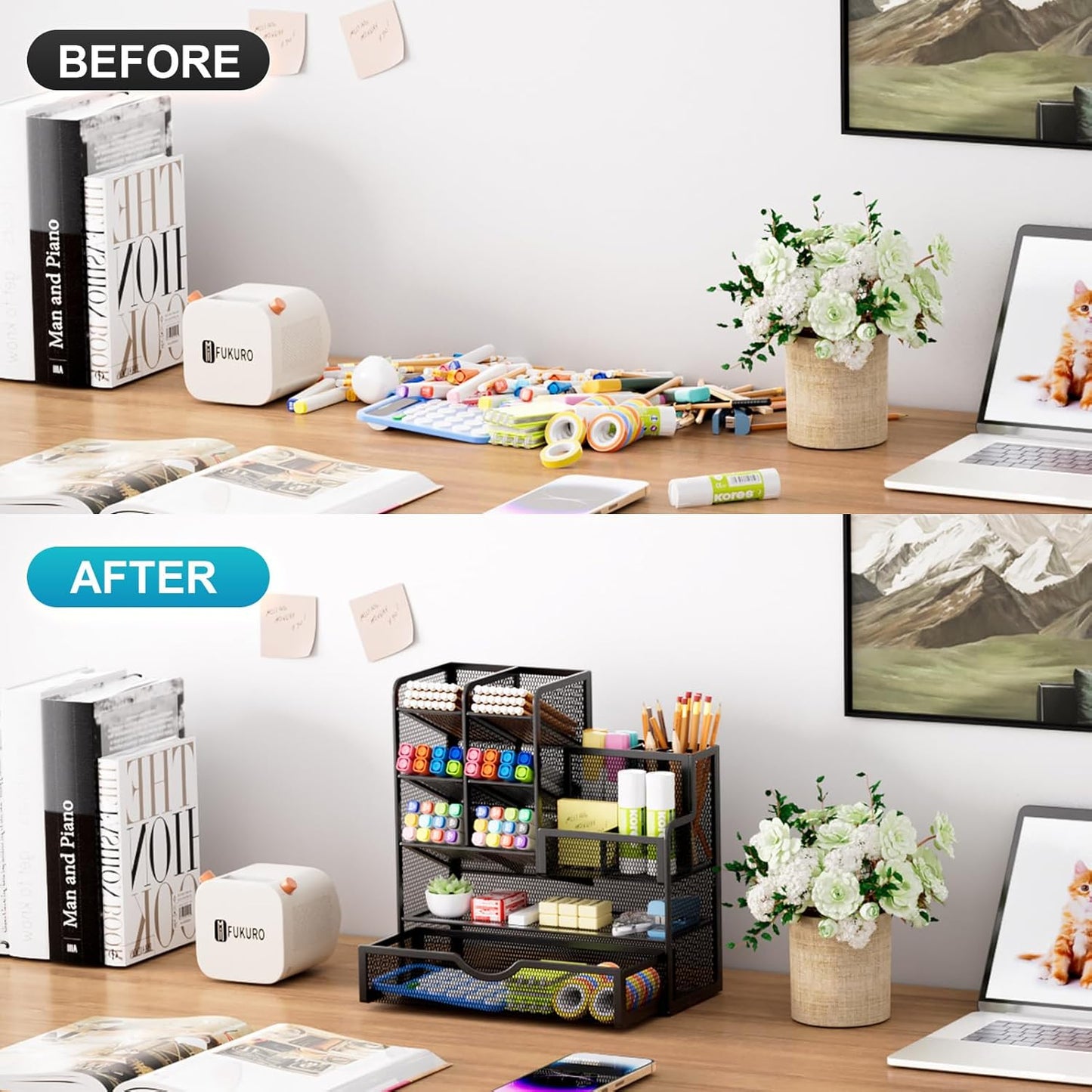 Mesh Pen Holder with Drawer - Multi-Functional Desk Organizer for Office & Art Supplies (Black)
