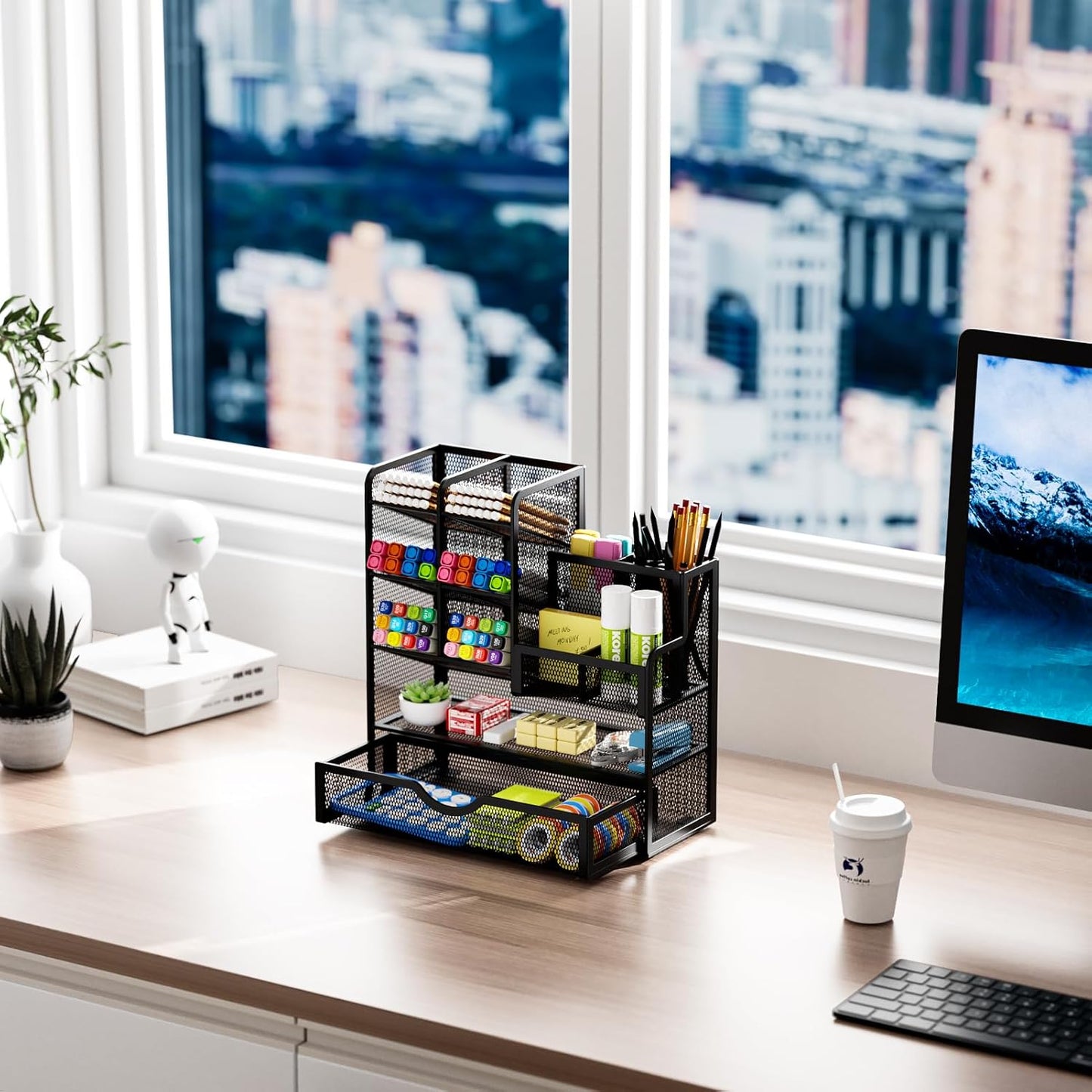 Mesh Pen Holder with Drawer - Multi-Functional Desk Organizer for Office & Art Supplies (Black)